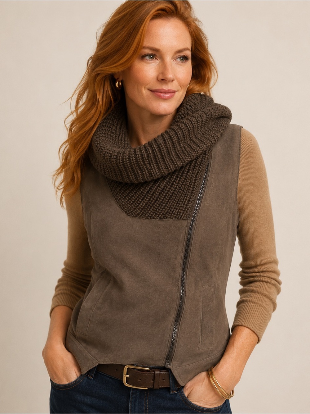 Etcetera Genuine Suede Knit Cowl Neck Asymmetrical Moto Vest Brown Size 4